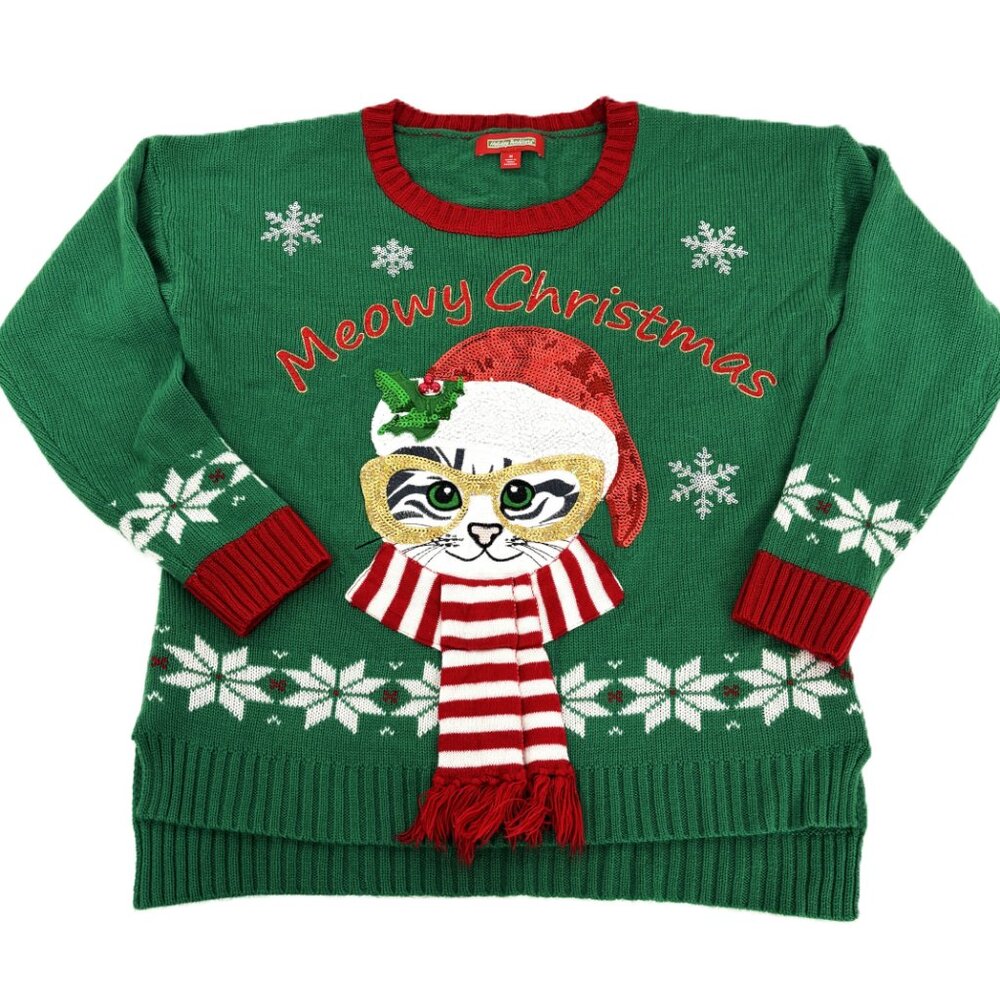 Ugly Christmas Sweater Cat Kitty Meowy Christmas Holiday Traditions Medium EUC